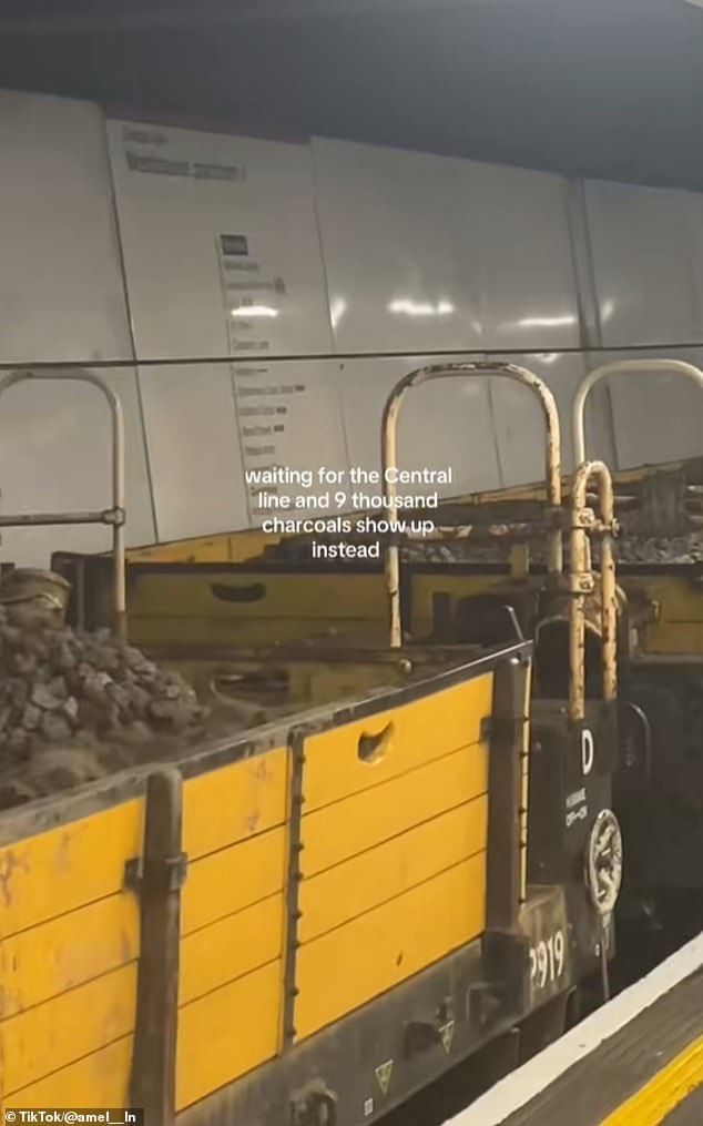Instead of the usual tube carriages, they were met with a long yellow train pulling carriages filled with what appeared to be coal
