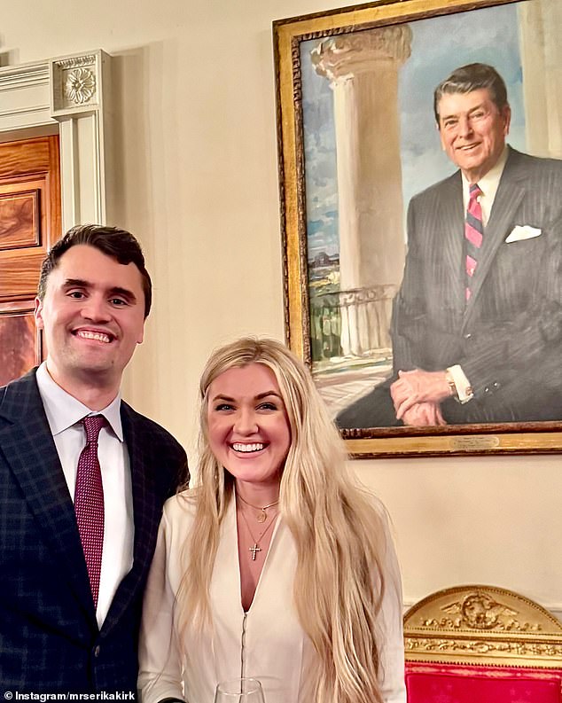 Kirk helped found Turning Point USA, a conservative nonprofit that has focuses on promoting conservativism on school campuses (pictured: Kirk and his wife Erika Frantzve)