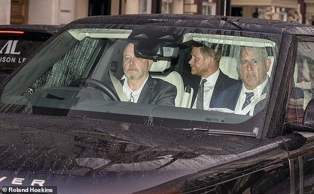 He was then spotted leaving the royal residence around 55 minutes later (pictured) after meeting his father for tea
