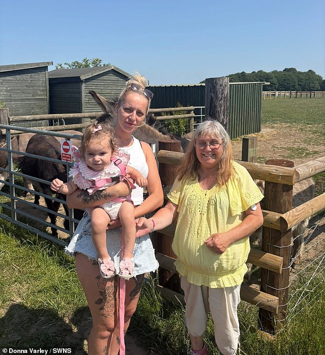 Susan (pictured with Donna) suffered serious burns to her scalp, forehead, left cheek and ear, and the back of her neck - her eyesight was saved as she was wearing her glasses