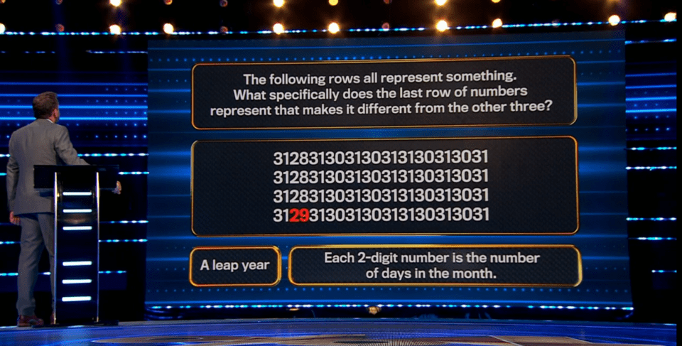 Quiz show question:  The last row of numbers representing the days in a leap year.