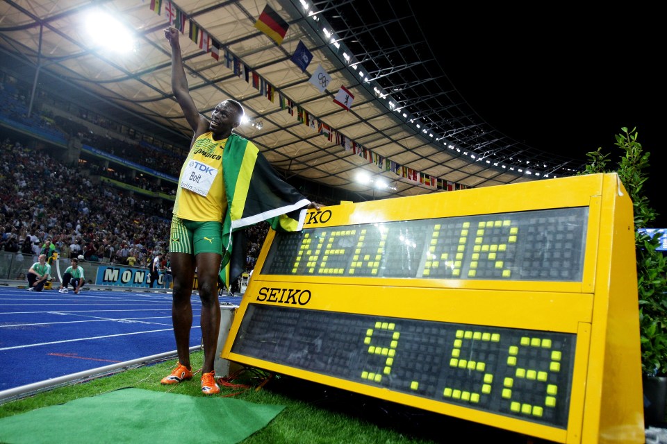 Usain Bolt celebrating his world record 100-meter win.