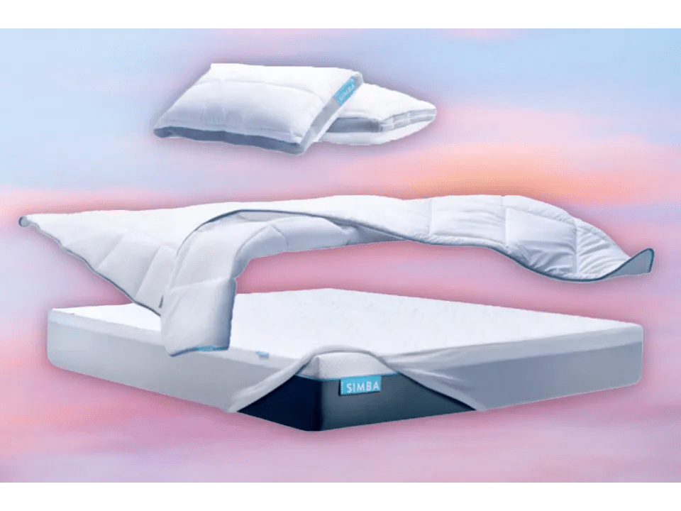 Simba mattress, duvet, and pillows.