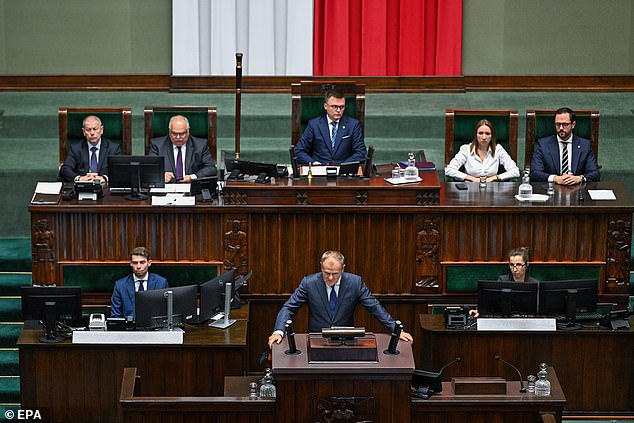 Poland's prime minister speaks in parliament about the Russian drone incursions, Sept. 10
