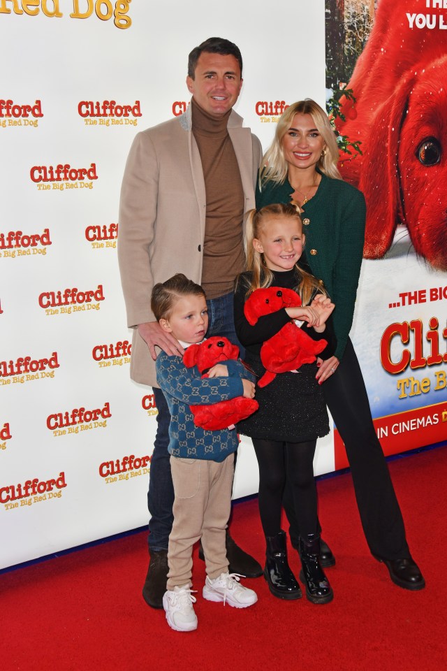 Greg Shepherd and Billie Faiers with their children at a *Clifford the Big Red Dog* film screening.