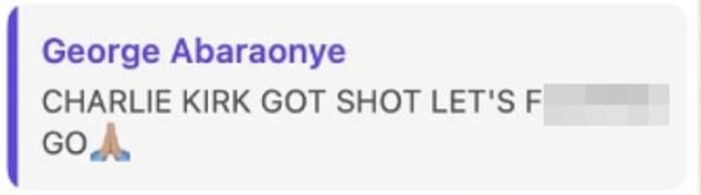 One of the messages that was allegedly sent by Abaraonye shortly after Kirk's death