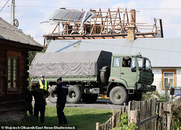 A severely damaged house in the village of Wyryki in eastern Poland, where one of the Russian drones that breached Polish airspace collided with the building