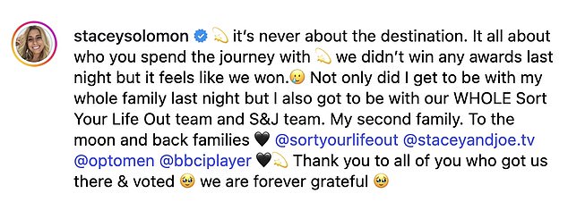 In the caption, she insisted it was 'all about who you spend the journey with' and voiced her gratitude to all the fans that had voted