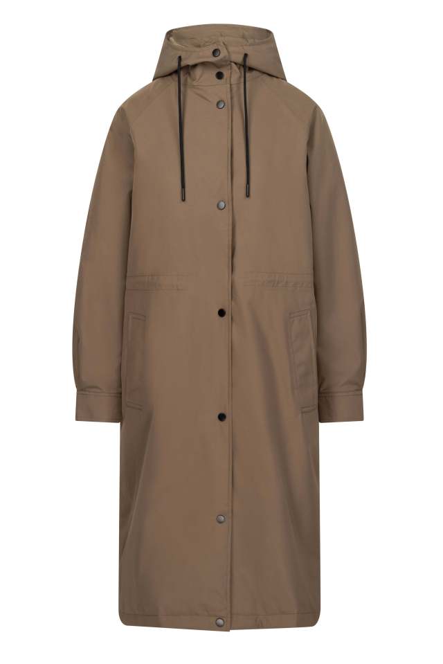 Brown hooded long coat.