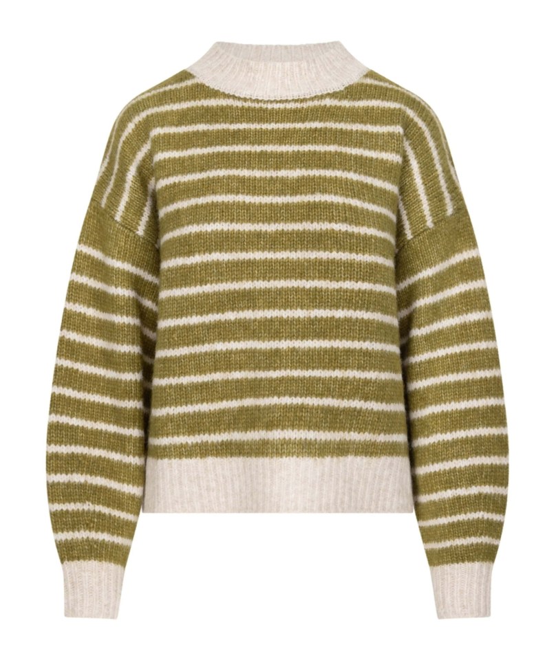 Olive green and cream striped sweater.
