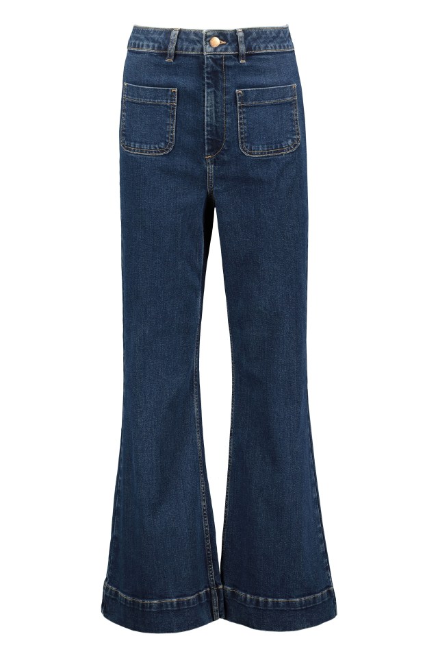 Dark wash flare jeans with patch pockets.
