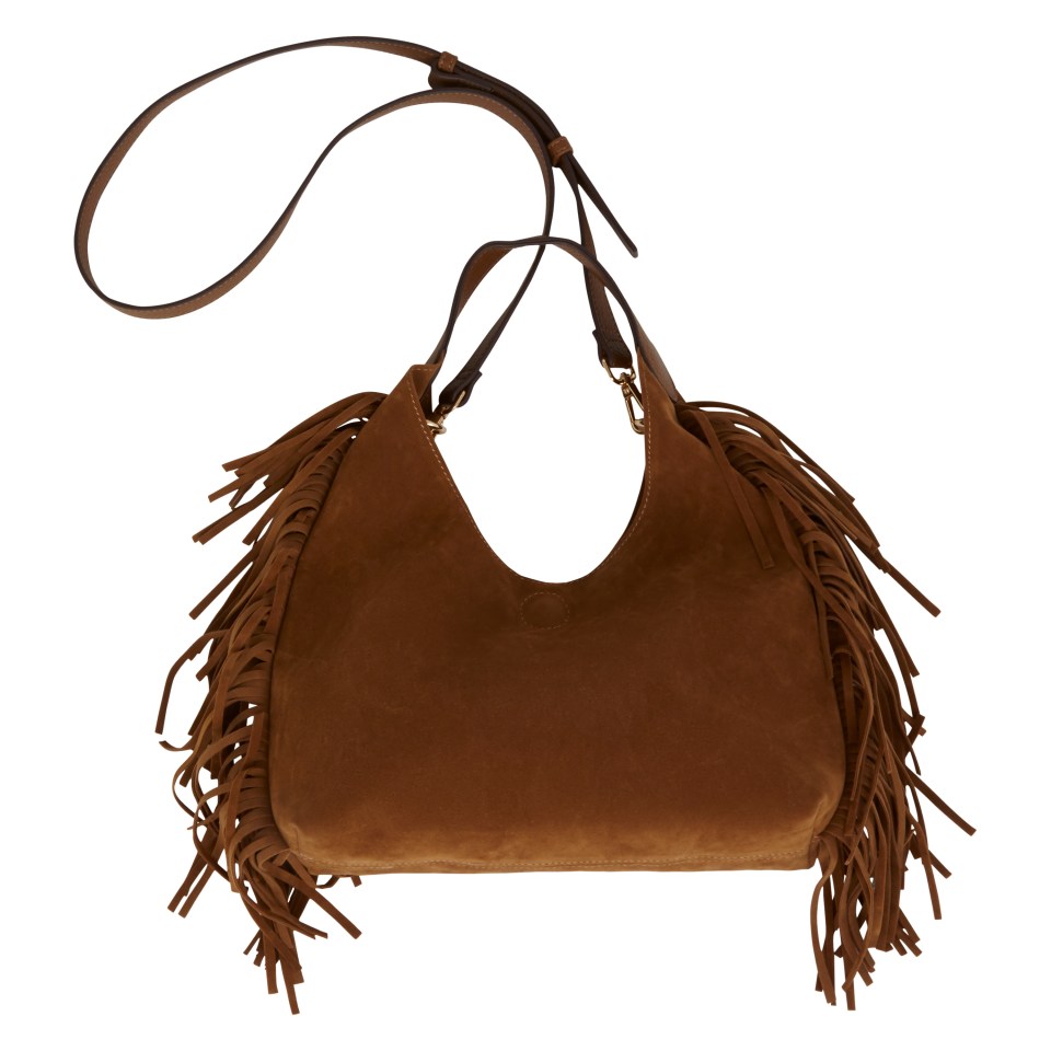 Brown suede fringed handbag with shoulder strap.