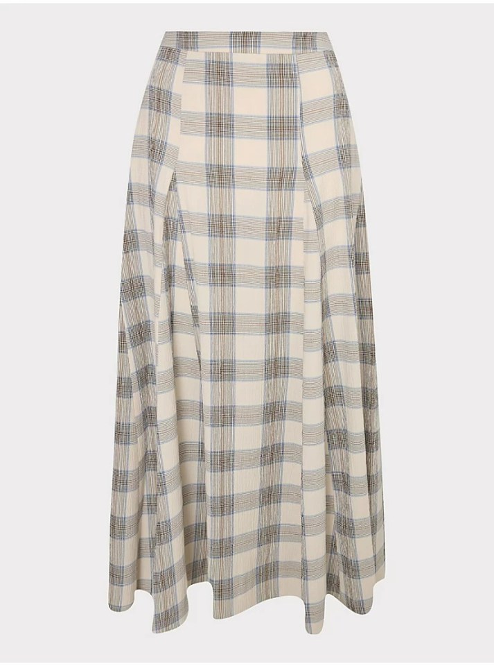 Cream-colored midi skirt with brown and blue plaid pattern.