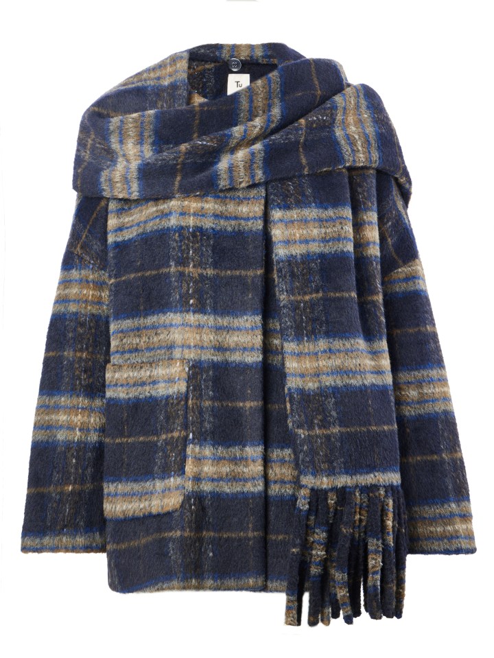 Blue, brown, and beige plaid coat with fringe.