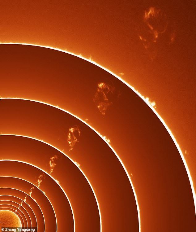 This image sequence documents the eruption of a massive solar prominence, originating as a small protrusion from the sun's surface that subsequently expanded into an enormous plasma structure in space before eventually dissipating into the void. Zhang Yanguang's image was a runner-up in the Our Sun category