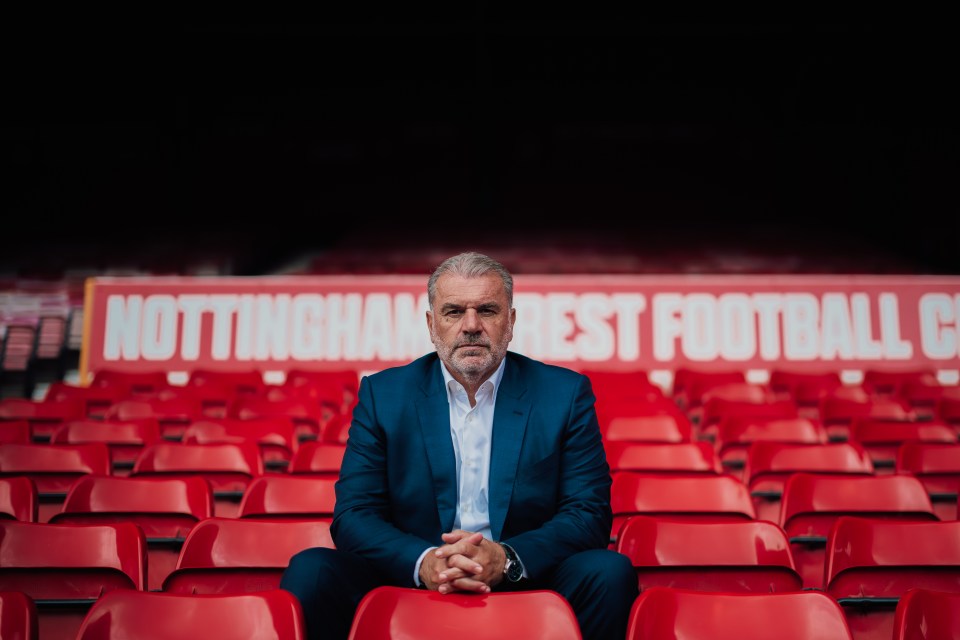 Ange Postecoglou at a Nottingham Forest press conference.