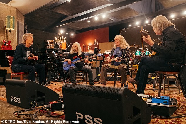 Pictured: Paul McCartney as himself, Harry Shearer as Derek Smalls, Michael McKean as David St Hubbins and Christopher Guest as Nigel Tufnel