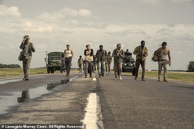 Pictured: Charlie Plummer as Barkovitch, Garrett Wareing as Stebbins, Cooper Hoffman as Garraty, David Jonsson as McVries, Ben Wang as Olson, Tut Nyuot as Baker and Joshua Odjick as Parker