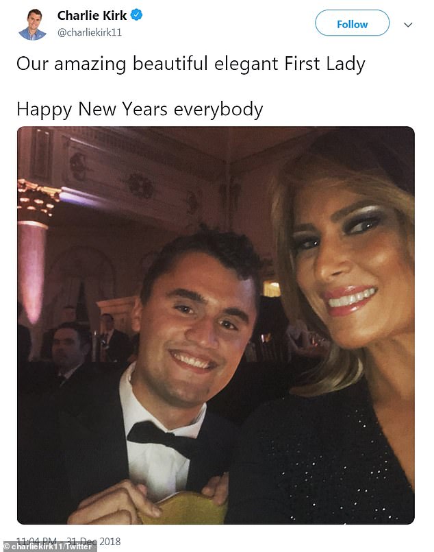 First Lady Melania Trump poses with writer Charlie Kirk on New Year's Eve at Mar-A-Lago in 2018