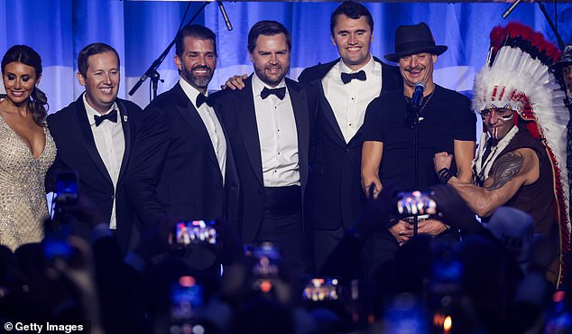 (L-R) Alina Habba, Senior Advisor to President Donald J. Trump, Sergio Gor, Donald Trump Jr., U.S. Vice President-elect JD Vance, Charlie Kirk, and Kid Rock on stage with The Village People during the Turning Point USA Inaugural-Eve Ball at the Salamander Hotel on January 19, 2025 in Washington