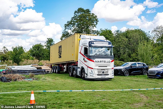 Haulage company Martello, whose lorry (pictured) remains at the scene, confirmed that one of its drivers had been transporting a shipping container from Southampton Port to the stadium