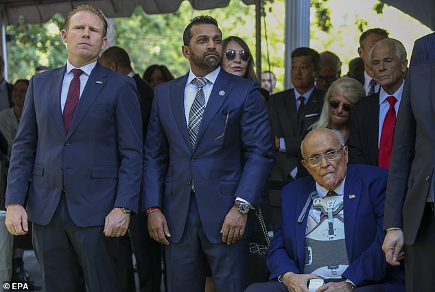 Patel is seen with American political commentator Andrew Giuliani and former New York City Mayor Rudy Giuliani in New York City on Thursday at a 9/11 memorial