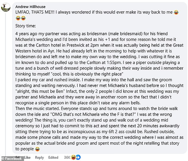 Andrew Hillhouse responded to Dazza's post with his story - getting over 36,000 likes