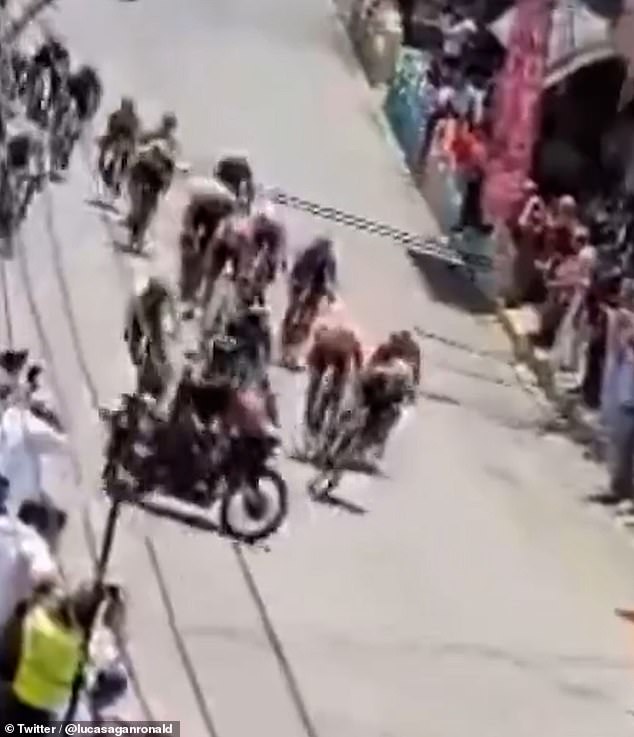 Shocking footage shows how athletes were sent flying into the air during the pile-up that took place on stage three of the Vuelta a Venezuela race on Wednesday
