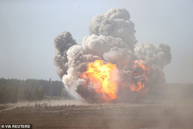 An explosion is seen at the Obuz-Lesnovsky training ground, Belarus September 12, 2021