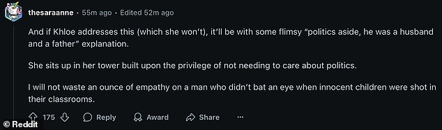 Multiple commenters slammed any potential claims that liking posts about Kirk had nothing to do with his politics