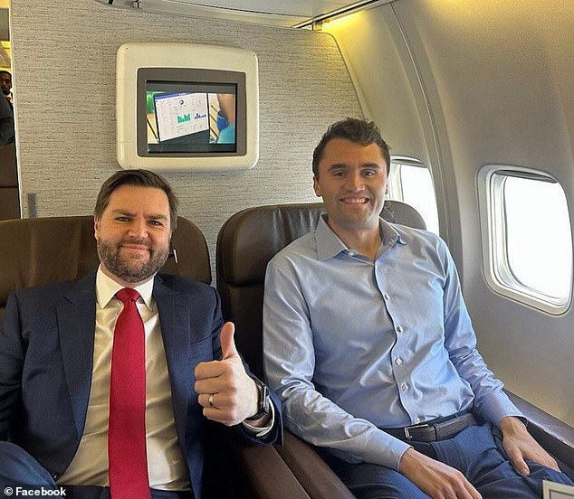 'like why are you mourning a man that said black people were better off in slavery... SHE HAS MIXED CHILDREN,' responded another poster; Kirk is pictured with Vice President JD Vance (L)