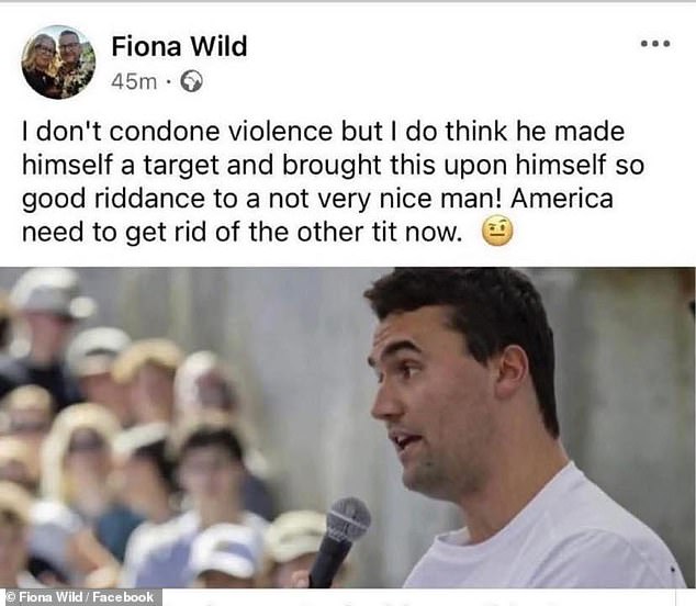 Ms Wild reacted to the assassination of Charlie Kirk on Wednesday with a post on Facebook