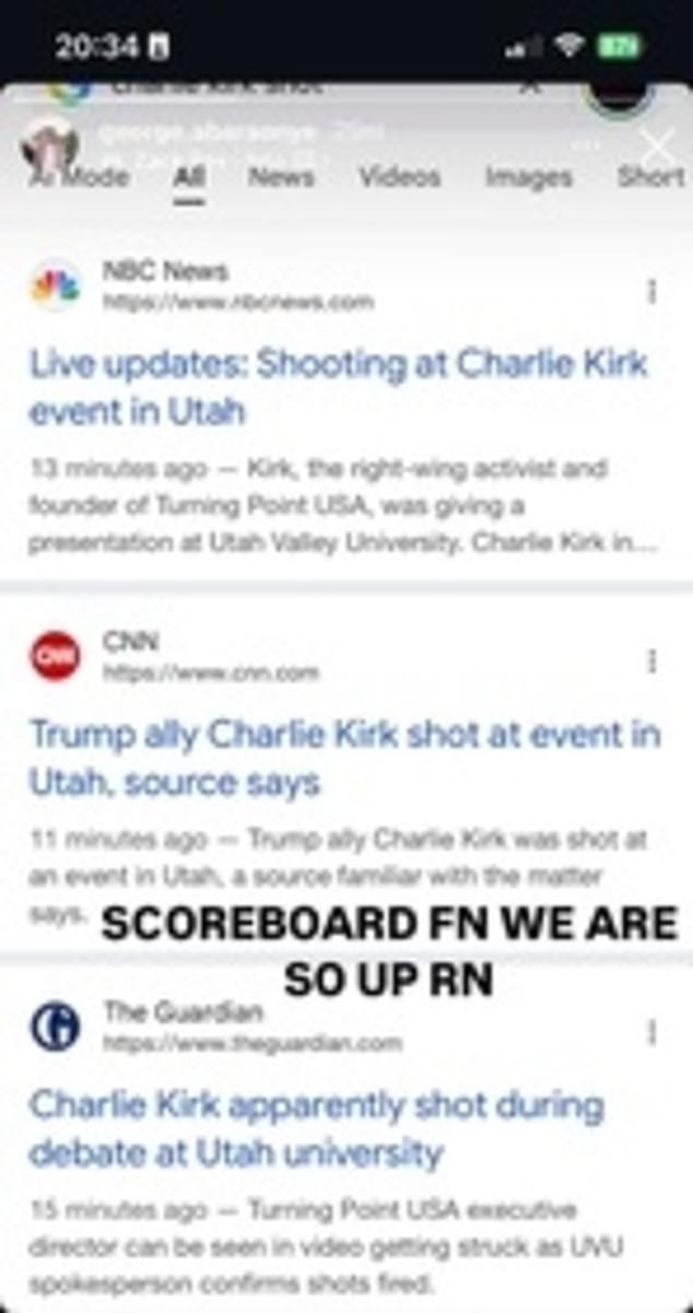 Abaraonye shared the news of Charlie Kirk's shooting on his Instagram page along with the message 'SCOREBOARD FN WE ARE SO UP RN (right now).'