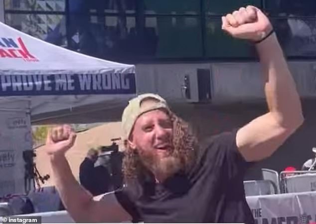 David was seen cheering, smiling and pumping his fists from the crowd at Kirk's event as everyone around him started to duck and take cover
