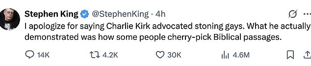 'I apologize for saying Charlie Kirk advocated stoning gays. What he actually demonstrated was how some people cherry-pick Biblical passages,' King tweeted in response to the backlash