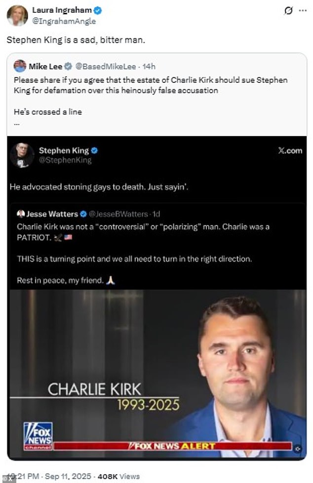 Figures like Fox News' Laura Ingraham, Dave Rubin, Utah Senator Mike Lee, and Ted Cruz were also quick to rush to Kirk's defense in response to King's tweet