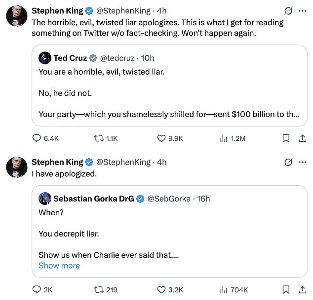 Many social media users were outraged at the King of Horror's tweet, which recorded over 13 million views before he deleted it, and called it 'evil' and a 'horrific take.' Republican Senator Ted Cruz of Texas among the many who tweeted back in outrage
