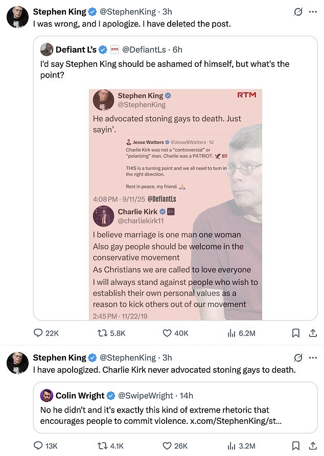 In response, King deleted his initial post and admitted fault. He also apologized for 'reading something on Twitter without fact checking'