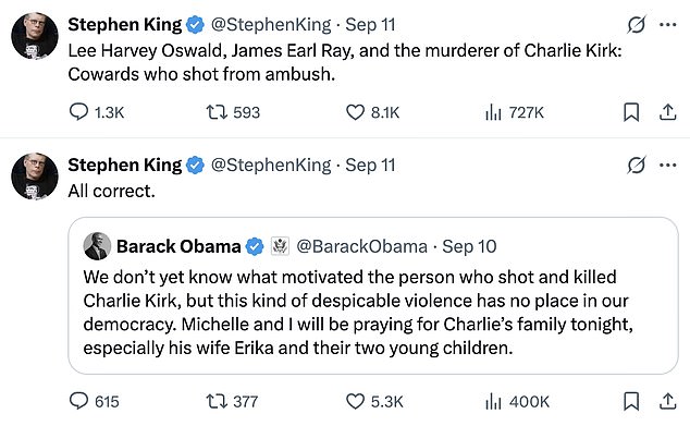 Among his tweets from Thursday, King also likened the shooter to the murderers convicted of the assassinations of former President John F. Kennedy and civil rights activist Martin Luther King Jr., respectively
