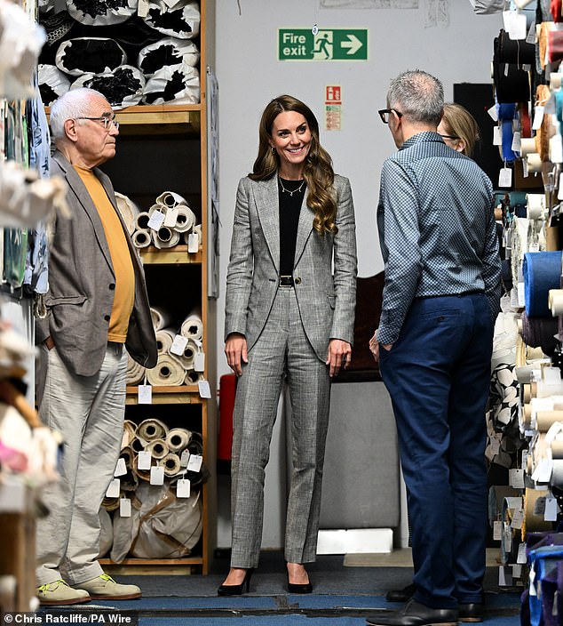 Kate pictured during a visit to Marina Mill in Cuxton, Kent, a family business that specialises in hand-designing and screen-printing furnishing fabric