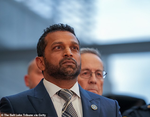 Patel listens to a news conference announcing an arrest of a suspect in the Wednesday shooting death of Charlie Kirk at Utah Valley University on September 12