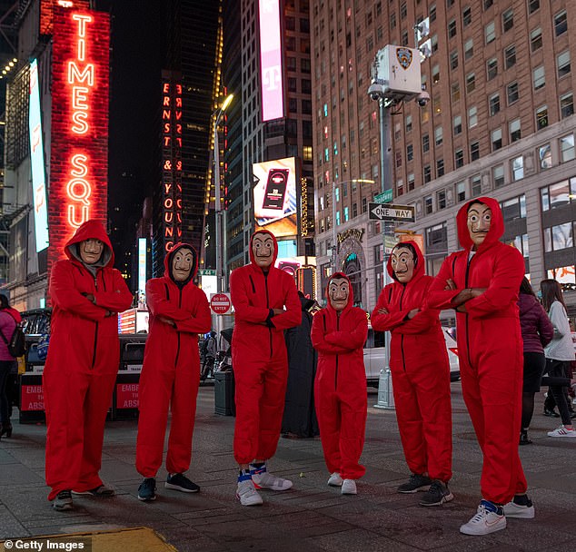 People were pictured wearing Money Heist costumes in Times Square on October 31, 2020 in New York City