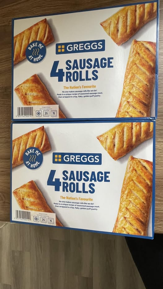Two boxes of Greggs sausage rolls.