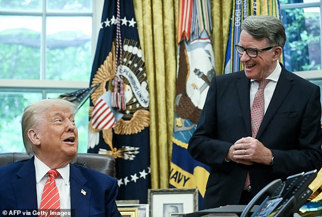 Lord Mandelson, who was appointed by Sir Keir Starmer as Britain's Ambassador to the US, is pictured here with Donald Trump in the Oval Office in May 2025