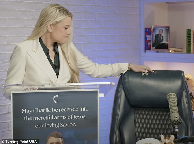 During her powerful address (pictured), Erika declared: 'The cries of this widow will echo around the world like a battle cry. To everyone listening tonight across America, the movement my husband built will not die. It won't. I refuse to let that happen'