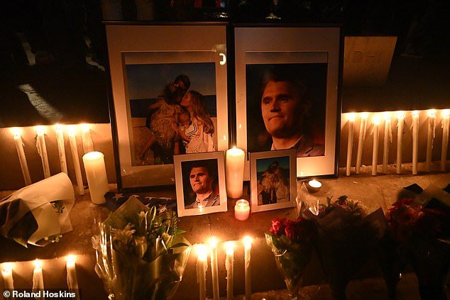 Mourners laid photographs of the murdered conservative influencer and lit candles in his memory