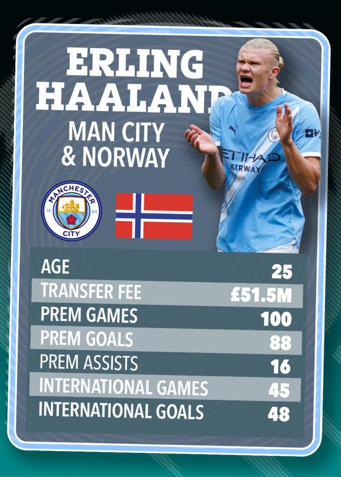 Erling Haaland's stats card: age, transfer fee, and game/goal counts for Man City & Norway.