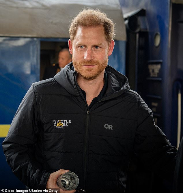 Harry is seen after arriving in Kyiv, Ukraine, where he presented new initiatives to support the rehabilitation of the wounded