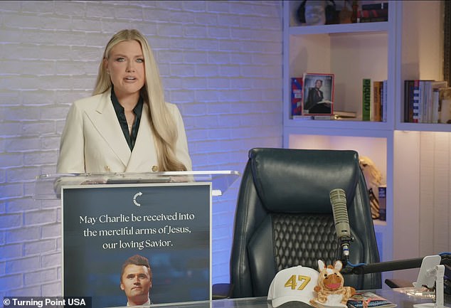Erika began her 15 minute long address after making a silent prayer. Overcome with emotion, she thanked employees of Turning Point USA - which her husband co-founded