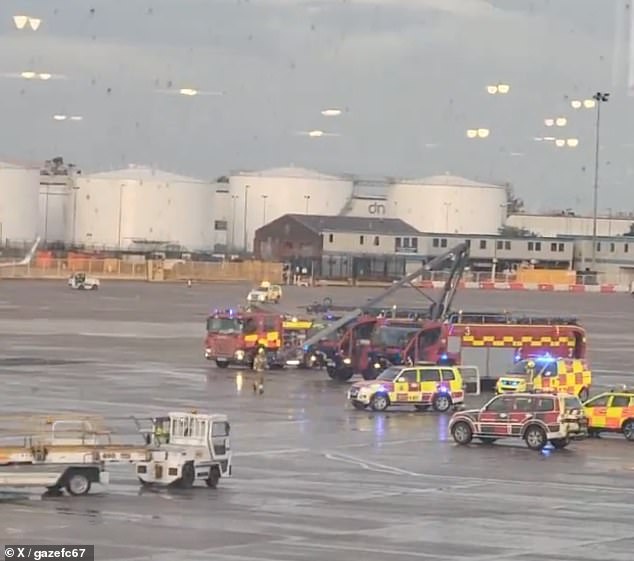 Footage of the incident showed a huge emergency response after the plane's front wheels made contact with a tug vehicle